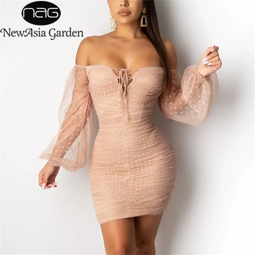 Newasia jardim bodycon festa vestido mulheres pura malha manga longa frente lace up plissado vestidos rosa vintage bolinhas casua vestido lj200820