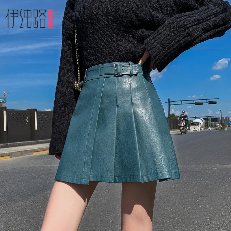 Leather Autumn and Winter 2020 New Fashion Women's Black Short High Waist Show Thin A-line Skirt Y1214