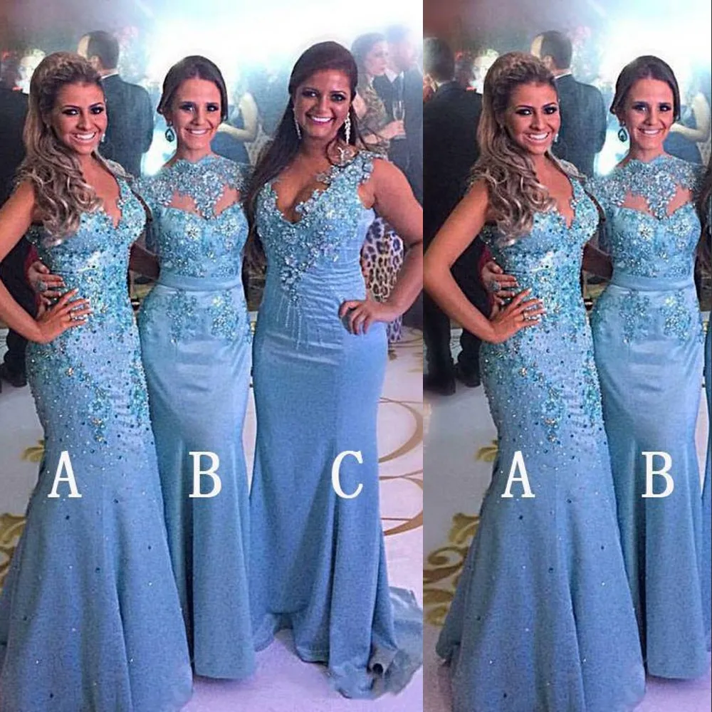 2021 New Different Styles Bridesmaid Dresses for Weddings Lace Appliques Crystal Beads Sky Blue Mermaid Party Floor Length Maid Honor Gowns