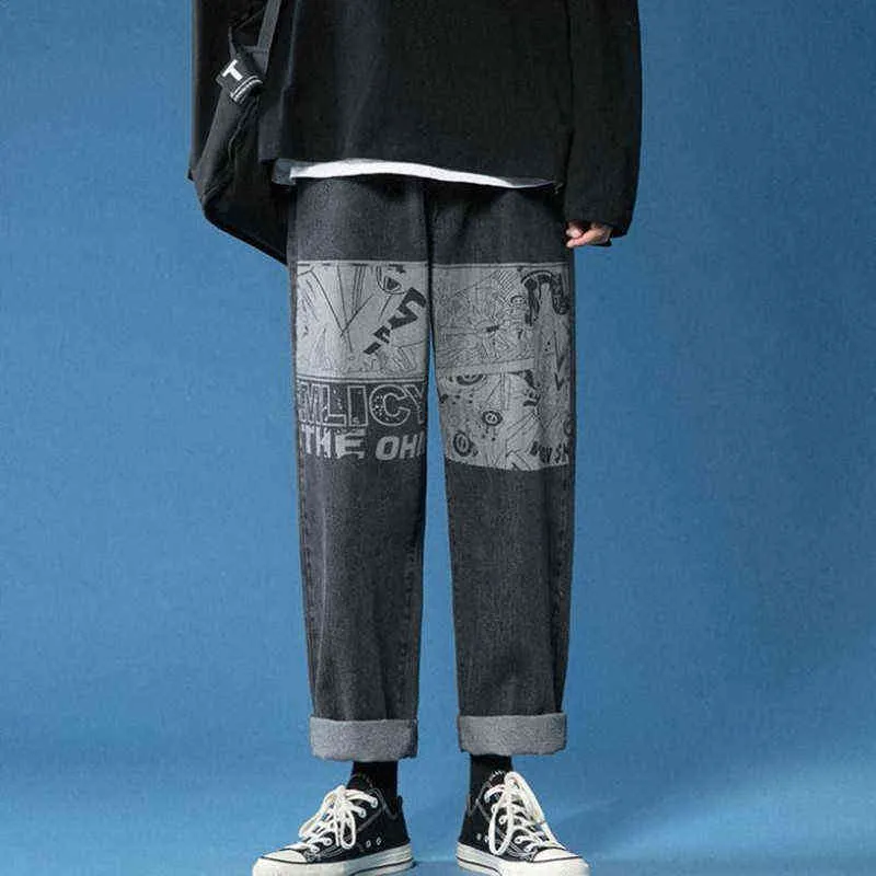 Tecknad tryckt jeans 2021 Men's Spring Ins Trend Elastic Waist Korean byxor Casual Loose Wide Ben Pants Autumn Black 0309