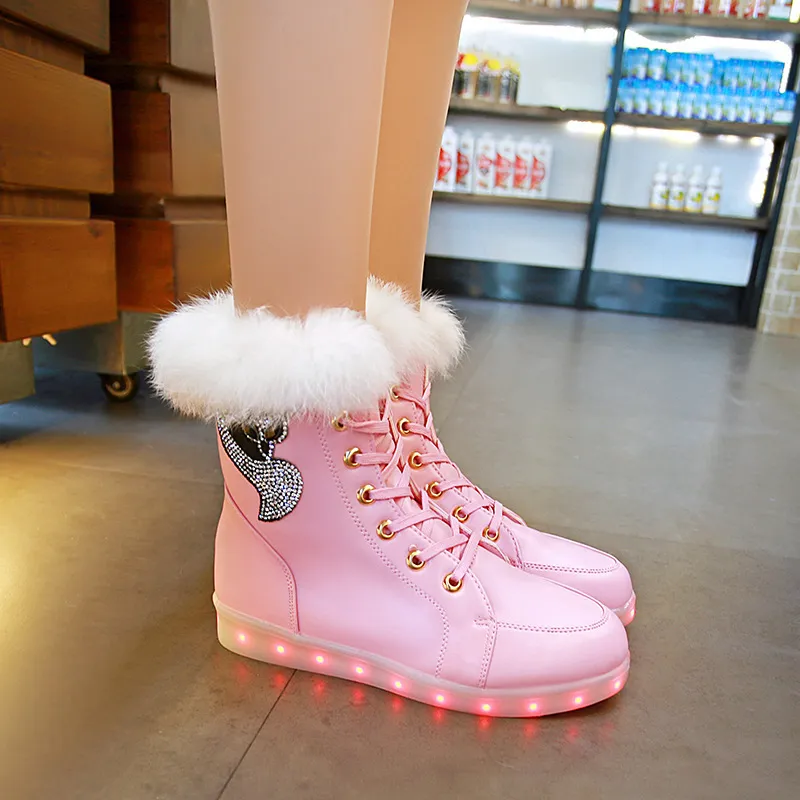 Shoes for Children Winter Women Shoes Boots Platform Boots Kids Shoes Real  Rabbit Fur Gifts for Girls LED Glowing Keep Warm 201130