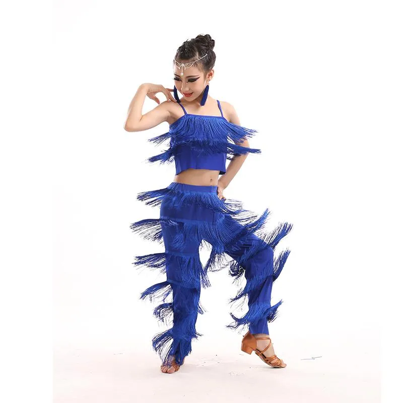 Vestidos de dança latina Salto de baile com franjas Calças de vestido com franjas de lantejoulas Salsa Samba Traje Crianças Crianças Meninas altura 110 -170cm1256t