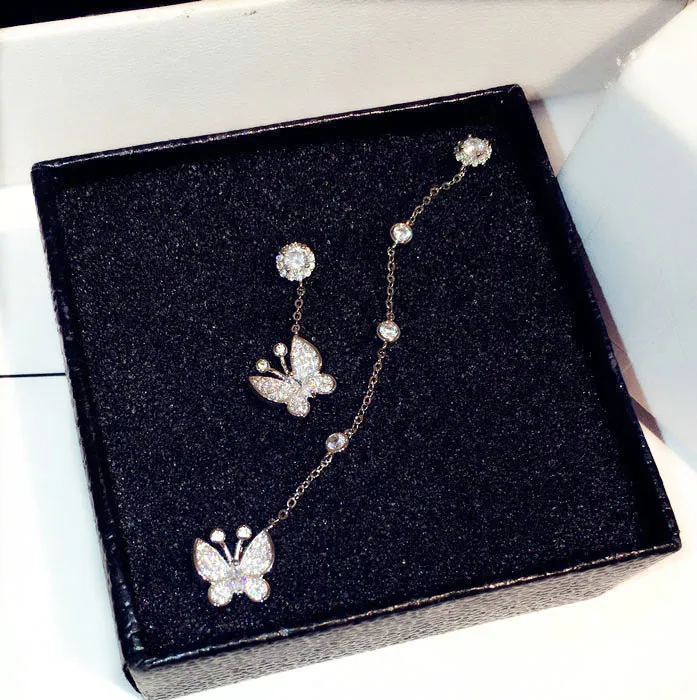 Dinglande diamant zirkoniumfjäril modedesigner asymmetrisk hänge studörhängen för kvinnliga flickor gåvor s sier post