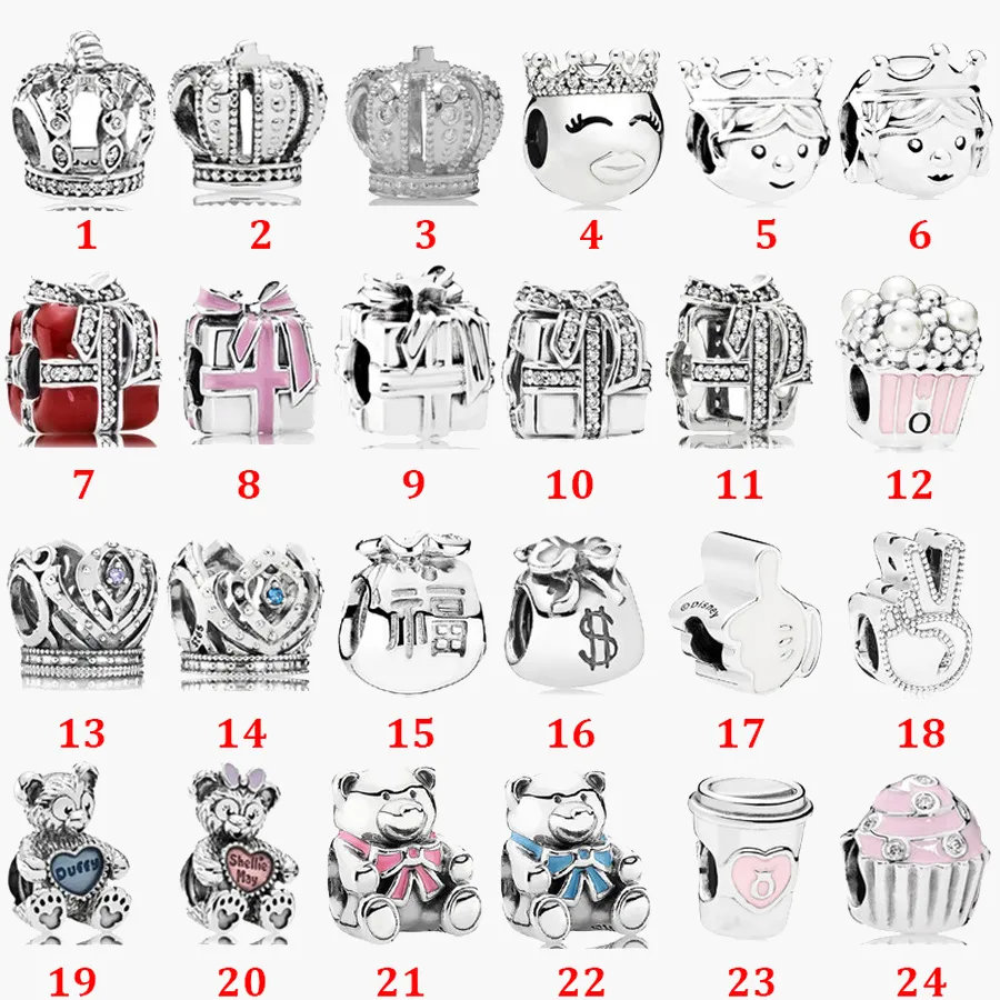 Fine jewelry Authentic 925 Sterling Silver Bead Fit Pandora Charm Bracelets Spree Gift Box Crown Style Charms Safety Chain Pendant DIY beads