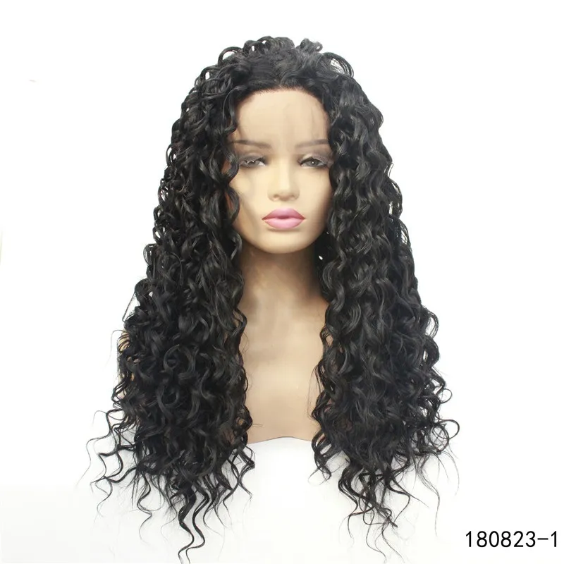 Perruque Lace Frontal Wig synthétique transparente HD, couleur noire, cheveux crépus bouclés, Simulation de cheveux humains, 180823 – 1