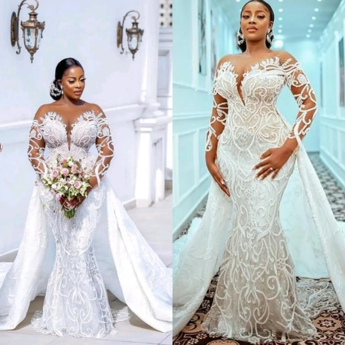 African Modern Mermiad Wedding Dresses Lace Applique Bridal Gowns Plus Size with Detachable Train Customise Robe De Soirée