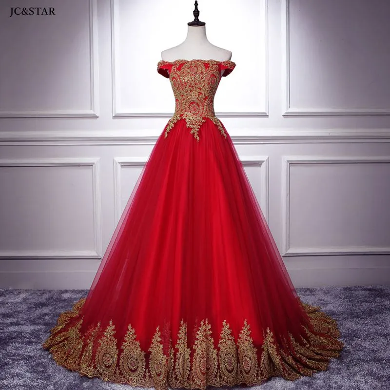 Suknia ślubna New Tulle Gold Aplikacja Off Ramię Linia Red Vestido de Noiva Princesa Sweep Pociąg Plaża Suknia Ślubna