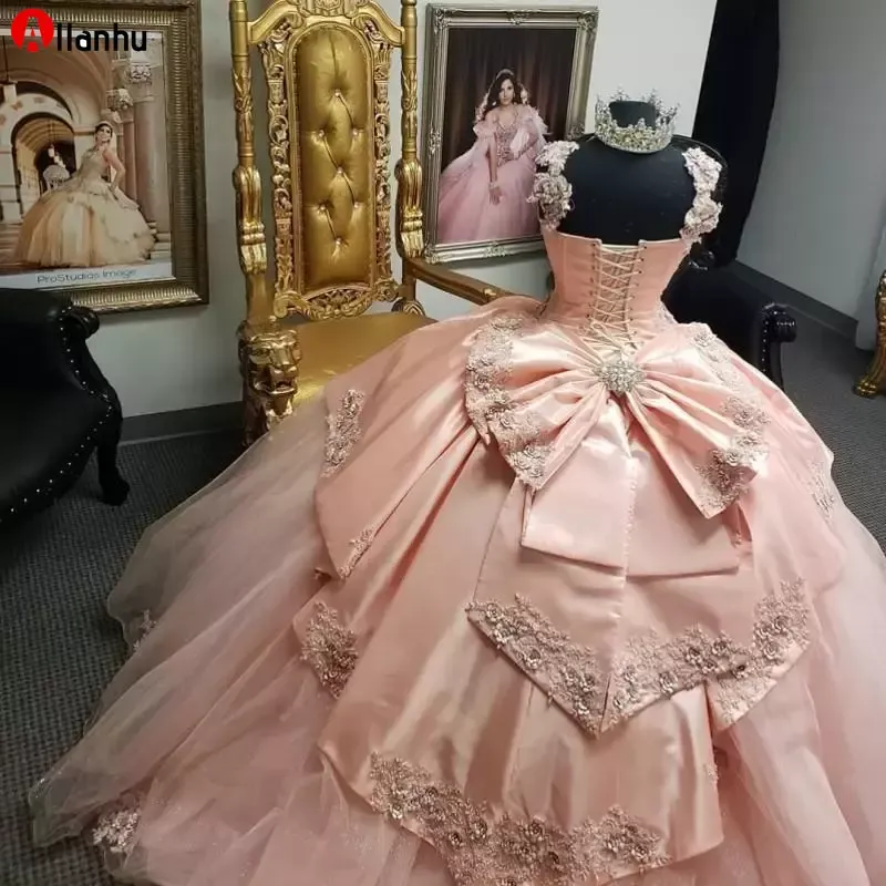 NY! Utanför axeln rosa quinceanera klänningar appliqued pärlstav boll prom klänningar söt 16 klänning vestidos de 15 año