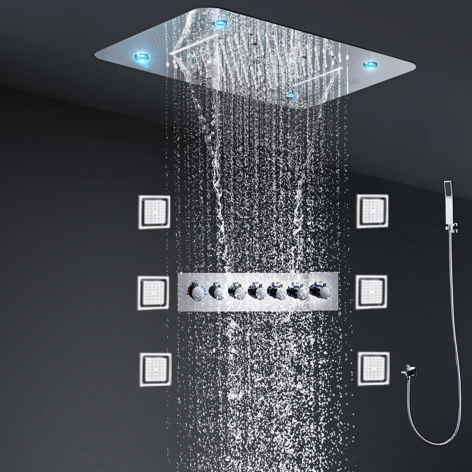 Ensemble de douche de musique de salle de bain LED panneau de pommeau de douche multi-fonctions robinets de vanne de dérivation thermostatique avec Jets de corps de Massage