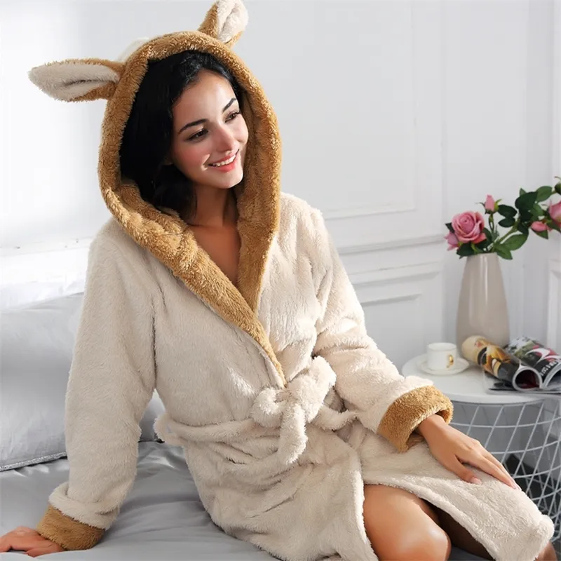 女性の長い寝室セット暖かい冬のcorallineぬいぐるみショールバスローブウサギの耳の帽子ローブコートパジャマ＃4 210203