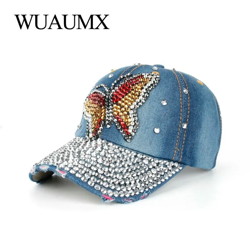 Wuaumx Berretto da baseball con strass Donna Handmade Farfalla Bling Cap per ragazza Lady Snapback Caps Denim Visiera casquette femme sport Y200714