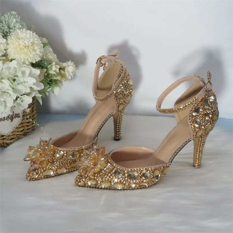 Champagne Golden Crystal Women Wedding Shoes High Heels Ankel Strap Shoe Party Dress 220315