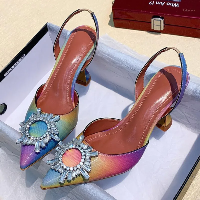 Summer Women 8cm High Heels Slingback Strap Crystal Sandals Colors Rainbow Stable Heels Sandles Lady Sexy Plus Size Party Shoes1