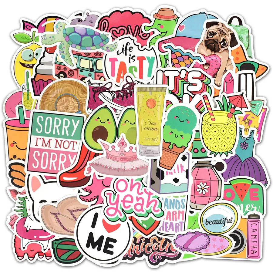 50 stks niet-herhalende waterdichte spellen strand stijl vinyl stickers waterfles laptop macbook computer telefoon pad voor tiener meisjes DIY geschenken