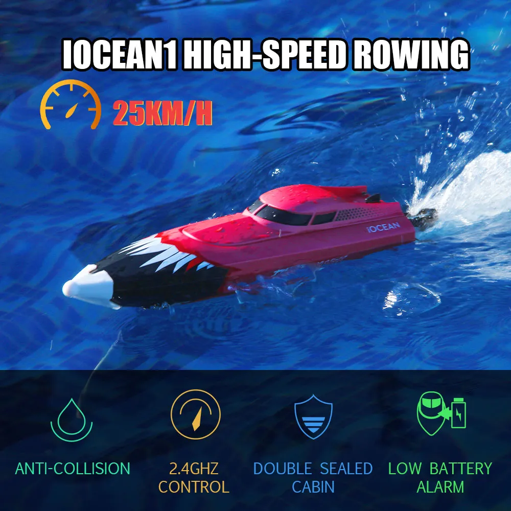 iOCEAN 1 RC bateaux bateau télécommandé 25 KM/H bateau de course à grande vitesse 2 canaux 2.4 GHZ bateaux RC aviron pour piscines lacs