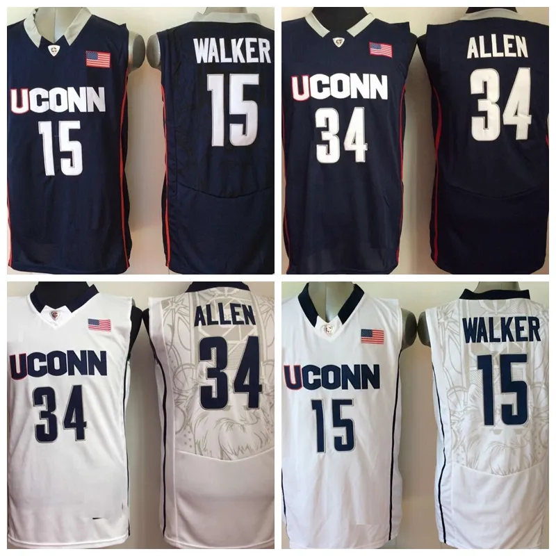 Vintage Uconn Huskies 15 Kemba Walker 34 Ray Allen College-Basketballtrikots Blau Weiß Herren genähte Hemden