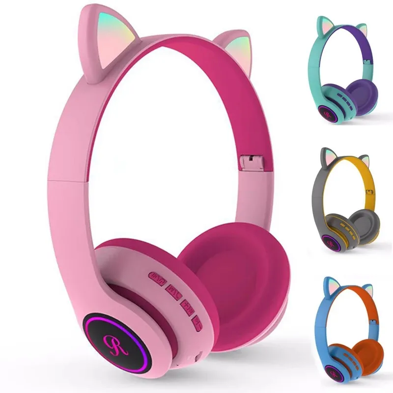 Bluetooth Earphone Cat Wireless Bluetooth Headset with Mic LED Lighting Gaming Headphones Cute Style Folding Subwoofer Earphones Kids Gift