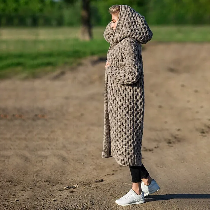 Long Loose Sweater Cardigans Lady Outerwear Fall Sleeve Solid Argyle Sweater Knitted Hooded Open Front Autumn Women Fashion 201128