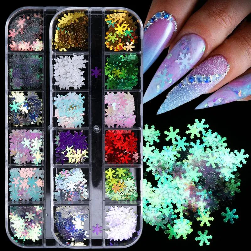 12 Colors Holographic Nail Glitter Flakes 3D Sequins Snowflakes White Dipping Powder Acrylic Nails Art Decorations Pigment TRXHH