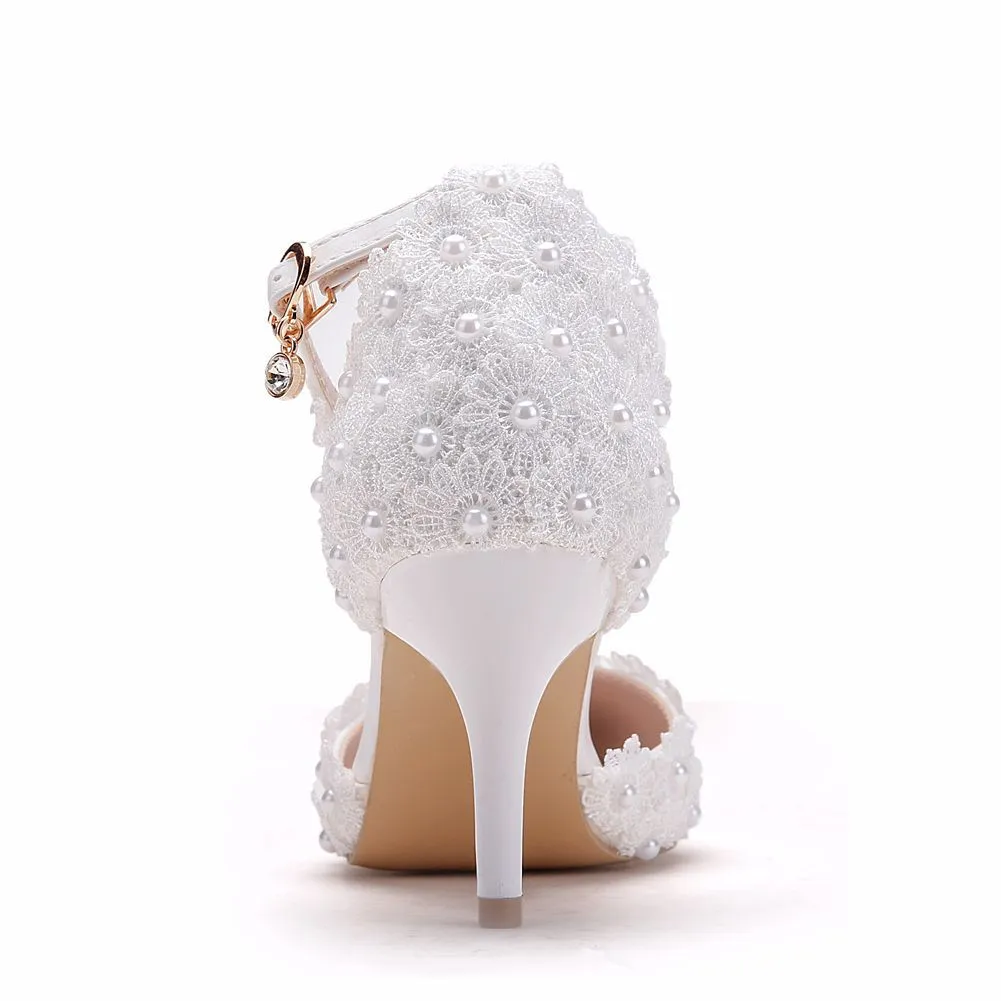 Supplies Wish Amazon White Lace Wedding Shoes A word strap Stiletto Heel Pointed Toe bridal wedding sandals 9cm pumps bridal weddi3005