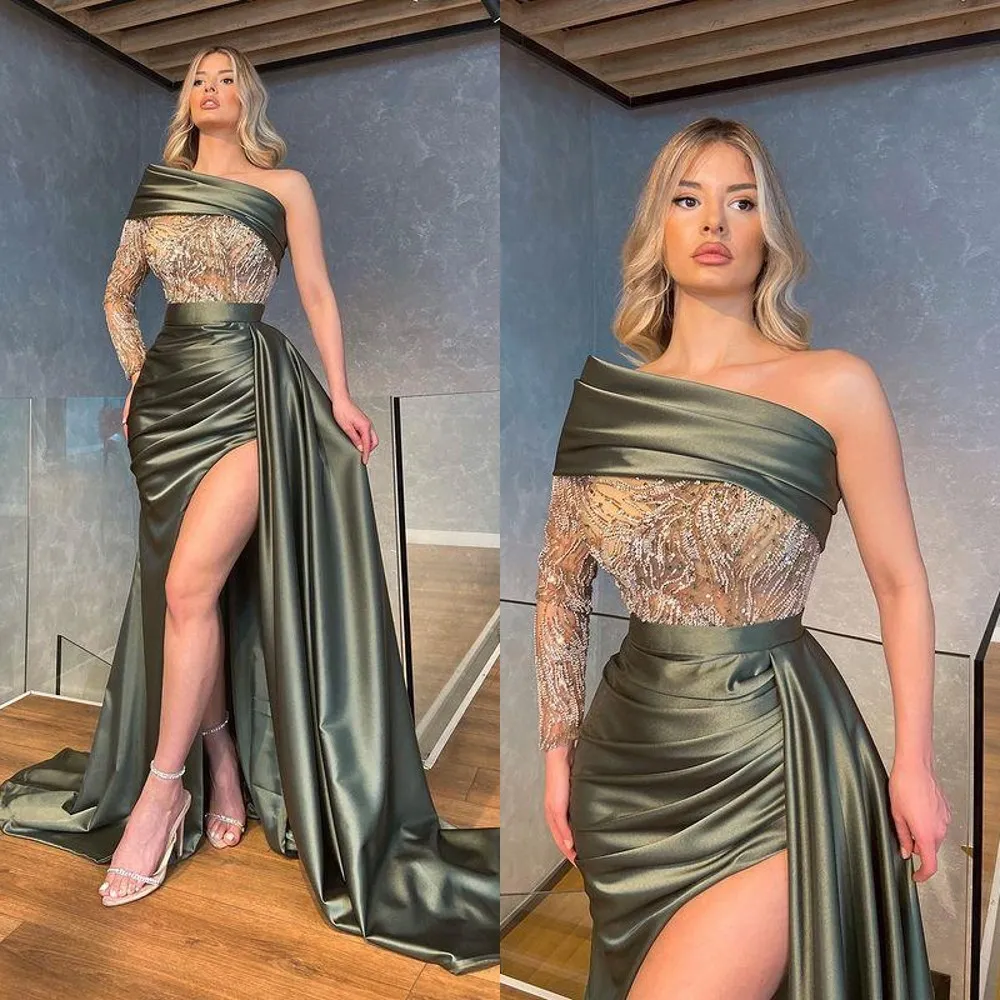 2022 Sexy Bling Crystal Mermaid Abendkleider tragen eine Schulter Illusion Major Beading High Side Split Long Sleeves Zipper Back Pageant Dresses Ballkleider