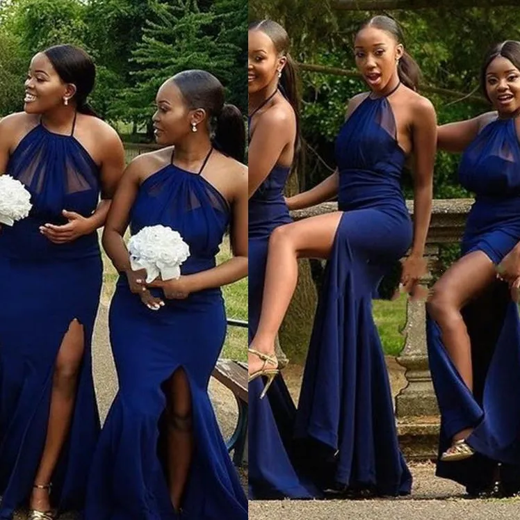 Abiti da damigella d'onore blu navy sexy Halter Scegli Scegli sirena Lunghezza senza maniche Africano Maid of Honor African Plus size 403