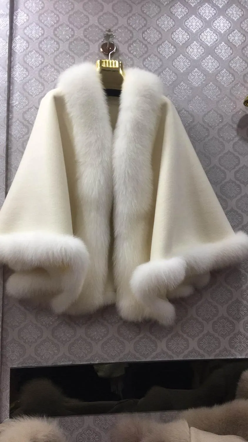 100% wool shawl with natural fox fur collar bottom trimming cape drop shipping wrap furry winter autumn wedding luxurious white 201103