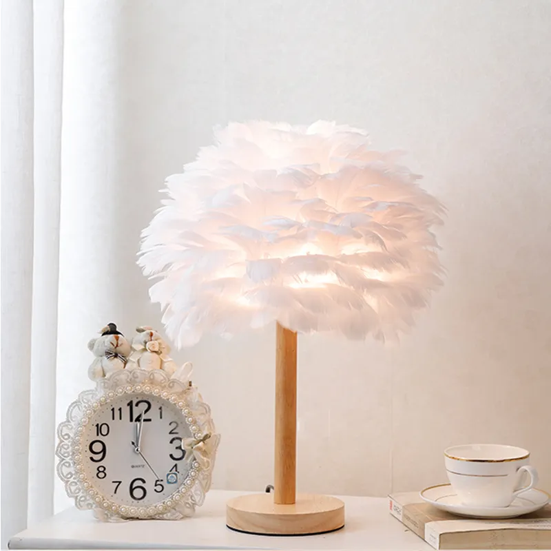 Lámpara de mesa de plumas creativas, luces decorativas de boda para niña, luz de escritorio de cumpleaños rosa y blanca, enchufe E27 para UE