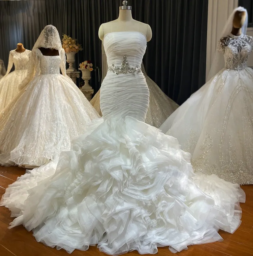 Luxe Zeemeermin Trouwjurken Trein Strapless Organza Ruches Crystal Sash Bridal Jurk Vestido de Noiva Robe de Mariee 2022