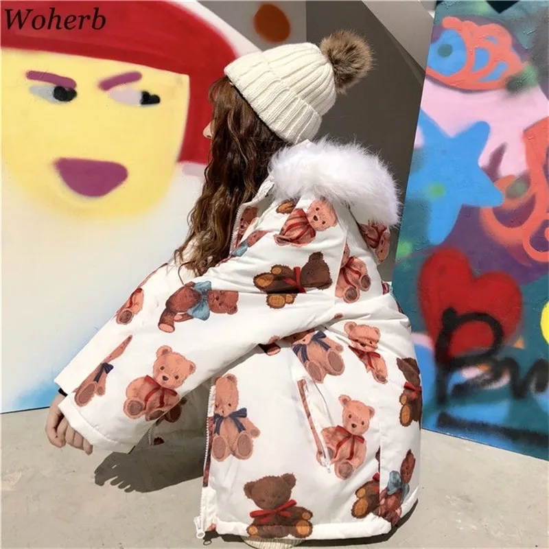 Woherb Winter Niedliche Jacke Frauen Parka Cartoon Print Harajuku Kawaii Gepolsterte Mäntel Pelz Mit Kapuze Wadded Jacken Lose Warme Outwear 201030