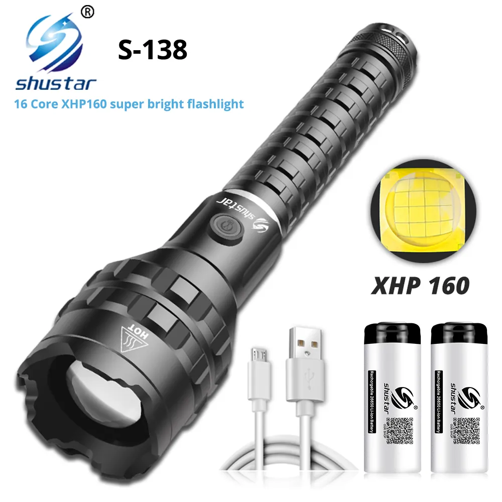 Super Bright 16 Core XHP160 LED Lanterna Portátil Lanterna Acampamento à prova d'água com visor de carregamento Iluminate 500 metros