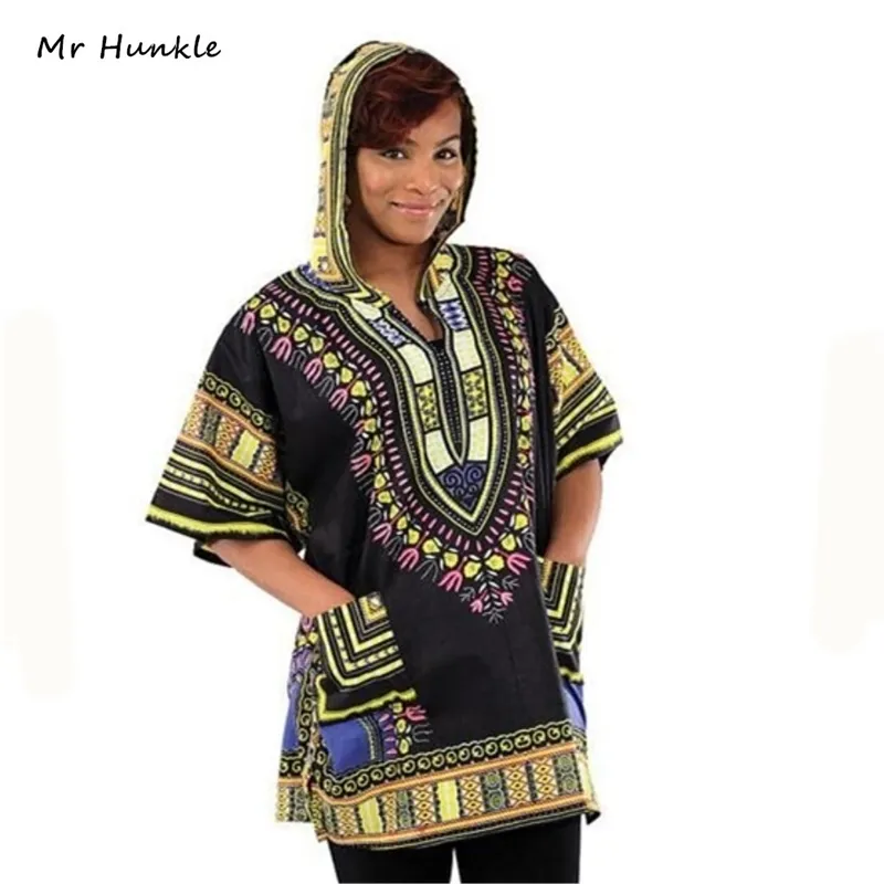 Pan Hunkle Nowy Design Dashiki Bluzy Luźne Afrykańskie Print Dashiki Tkanina Kaptur 100% Bawełna Moda Robe Odzież Unisex Kimono 201020