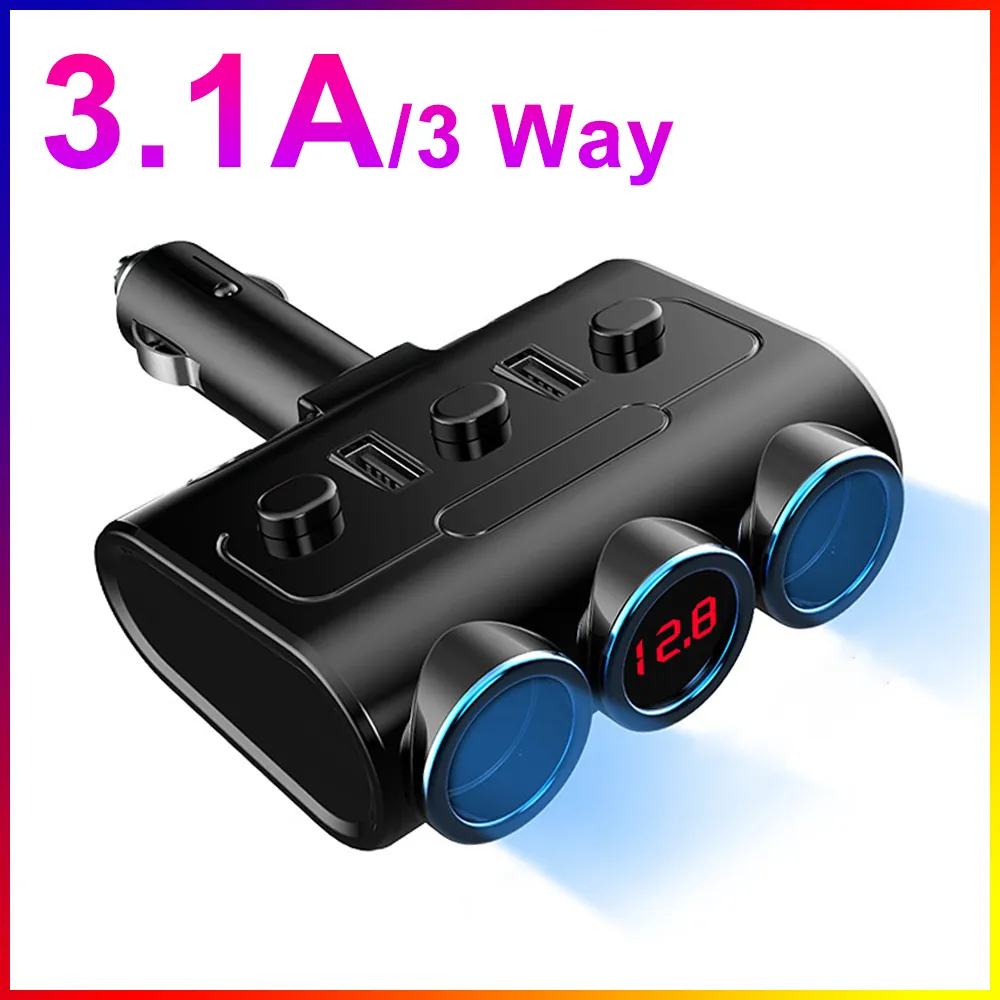 Car Cigarette Lighter Socket Splitter Dual USB Port 12V-24V 3 Way Auto Plug Display Adapter DC 3.1A Car Charger For All Phone PC