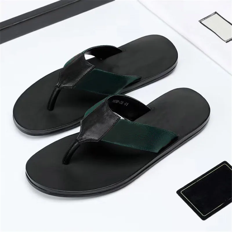 2021 Fashion Black Soft Leather Sandals Mules Bees Summers Slide Slippery Flat Chain Sandals Wide T-bar Casual Beach Slip Sandals With Box