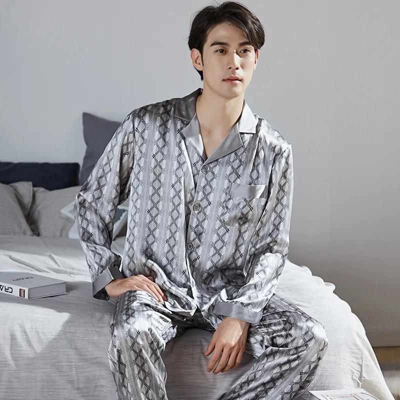 100% real pijama de seda para homens lounge sleepwear pijamas cetim pijamas homme pjs casa roupas masculinas hangzhou puro pijama conjuntos 201109