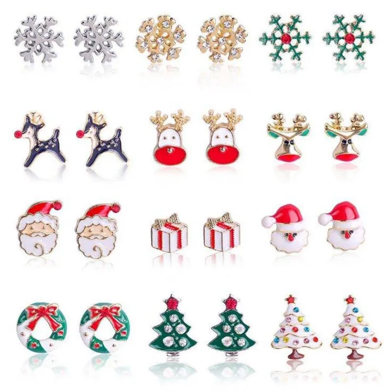 12 styles Boucles d'oreilles à breloques de Noël Boucles d'oreilles en diamant Alliage Goutte à goutte d'huile Boucles d'oreilles Cloches Flocon de neige Boucles d'oreilles de Noël