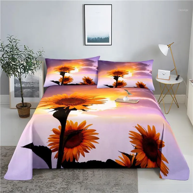Sheets & Sets Sunflower 0.9/1.2/1.5/1.8/2.0m Digital Printing Polyester Bed Flat Sheet With Case Print Bedding Set