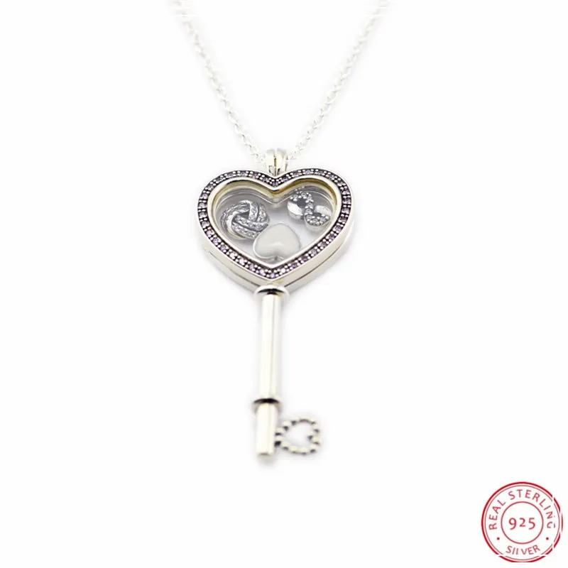 925 Sterling Silver 80 cm Y-catena Lunghe Collane per le Donne Gioielli Grande Cuore Medaglione Galleggiante Chiave Amore Petites Assemblea FLN055 Q0531