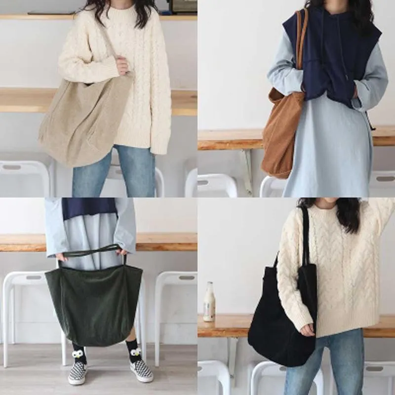 여성 패션 코듀로이 숄더 가방 대용량 여성 토트 핸드백 접는 재사용 쇼핑백 얇은 스트랩 천 가방 S25