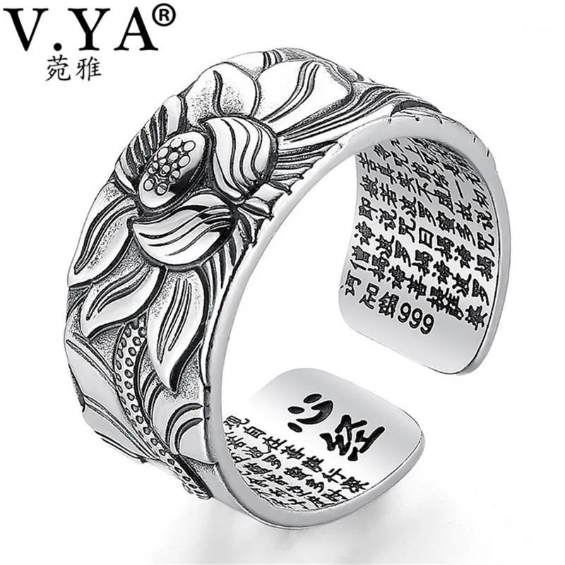 Ringos de cluster V.YA 100% real 999 Pure Silver Jewelry Lotus Flower Open Ring para homens moda masculina Tamanho grátis coração Budista Sutra Gifts1