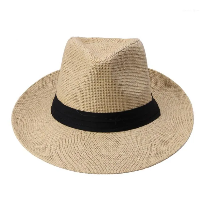 Популярная модная летняя повседневная пляжная шляпа-трилби унисекс с большими полями, джазовая панама от солнца, бумажная соломенная кепка для женщин и мужчин с черной лентой1