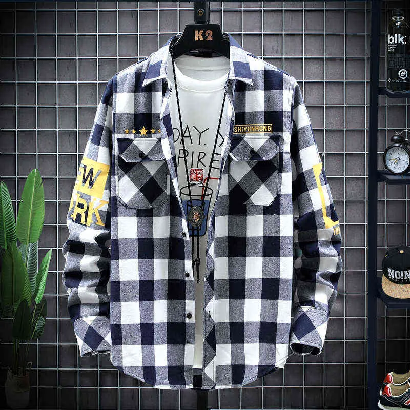 Camisas de algodão de verão de primavera 2021 Estilo quente Impresso xadrez camisa casual camisa de manga longa casacos Menor M-4XL Dropshipping Streetwear G0105