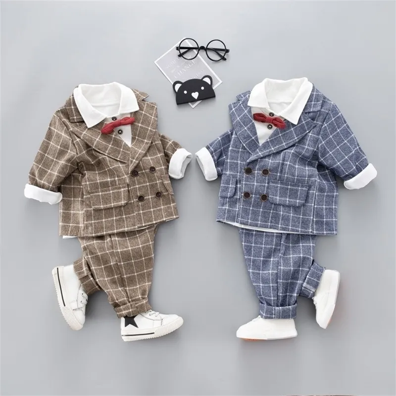 Nieuw 3-delig jongenspak pak baby geruite kleding wit overhemd + vlinderdas + broek pak kinderen herfstkleding herenkleding kind 201127