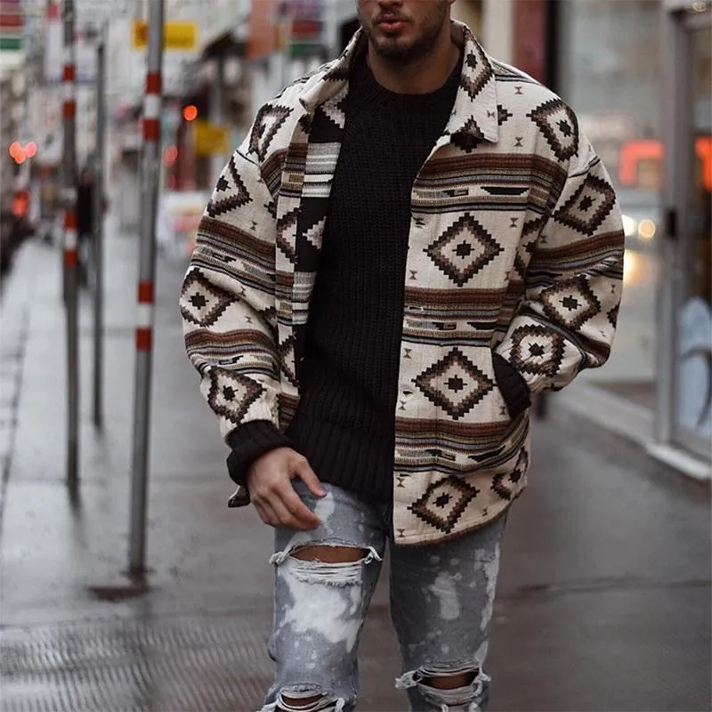 Mężczyźni Autumn Printed Slim, długi pojedynczy stojak wełniany płaszcz wełniany męski zimowy streetwear Cool Jacket