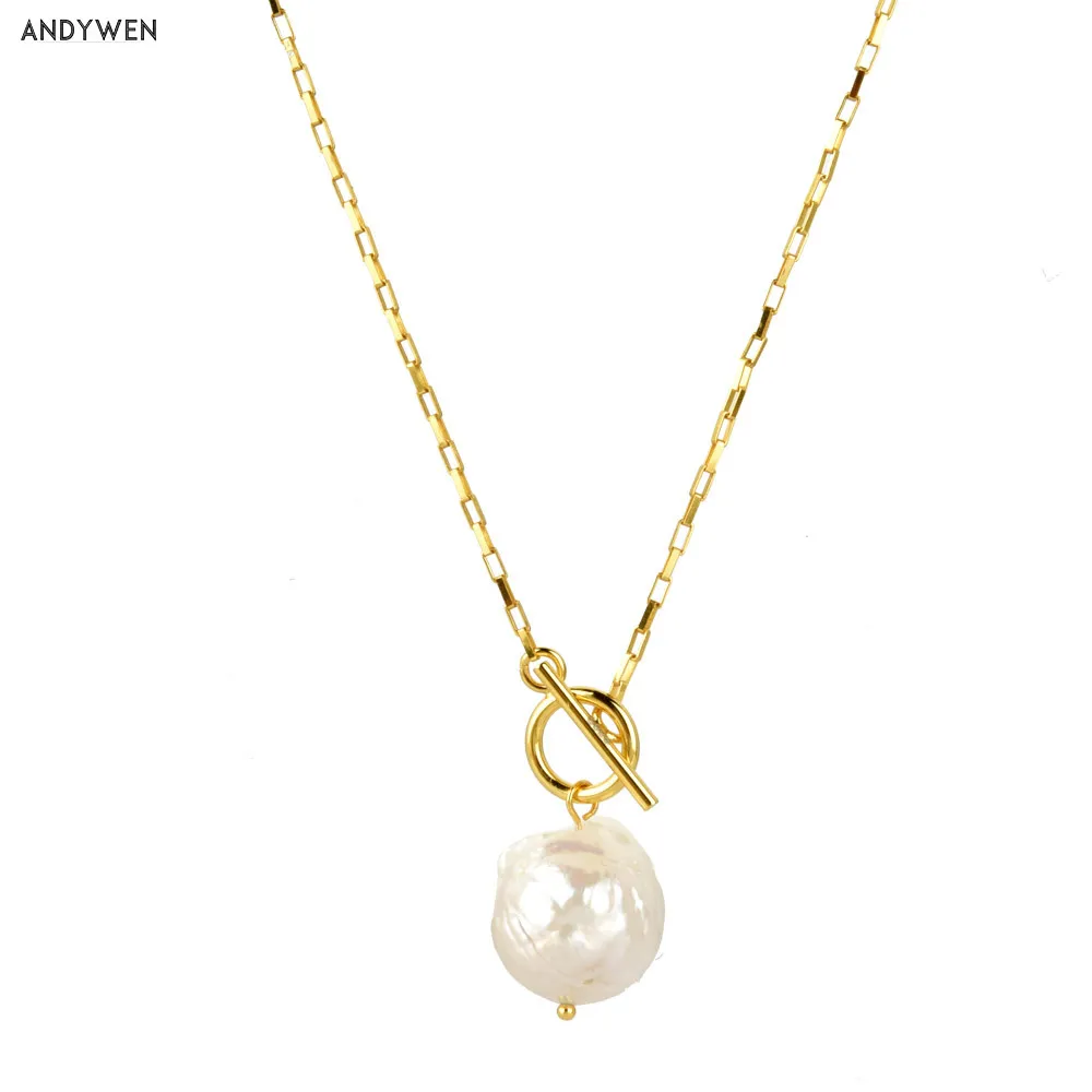 Andywen 925 Sterling Silver Gold Long Chain Pearl Pendant Halsband Horoskop Smycken 2020 Fashion Rock Punk Smycken för kvinnor Q0531