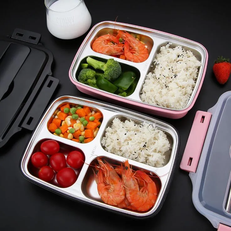 Bento Box med Tablewear 304 Portable Long Lox med sked och Chopstick 4 -rutnät Mikrovågsugn Matbehållare Zyy355b