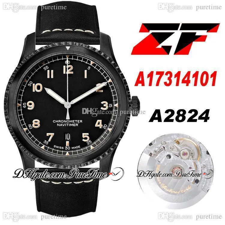 ZF 41 mm A17314101 ETA A2824 Automatik-Herrenuhr, PVD-Stahl, schwarzes Zifferblatt, weiße Ziffernmarkierungen, schwarzes Leder mit weißer Linie, Puretime PTBL c03