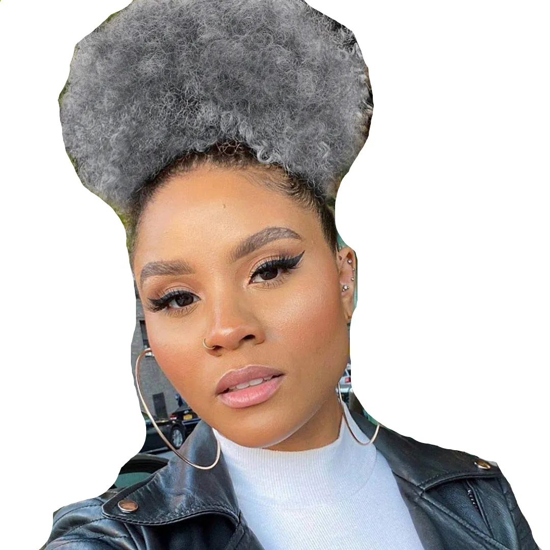 Hot Sell 100% Real Hair Gray Puff Afro Ponytail Hair Extension Clip In Remy Afro Kinky Curly Drawstring Ponytails Grå Hårstycke 120g