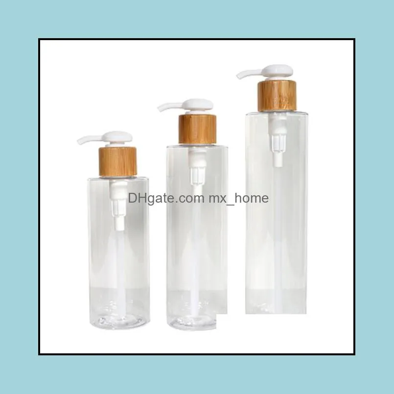 Storage Bottles & Jars 200ML 250ML 300ML Empty Plastic Clear Bottle Bamboo Wooden Ring White Lotion Pump Refillable Cosmetic Packaging