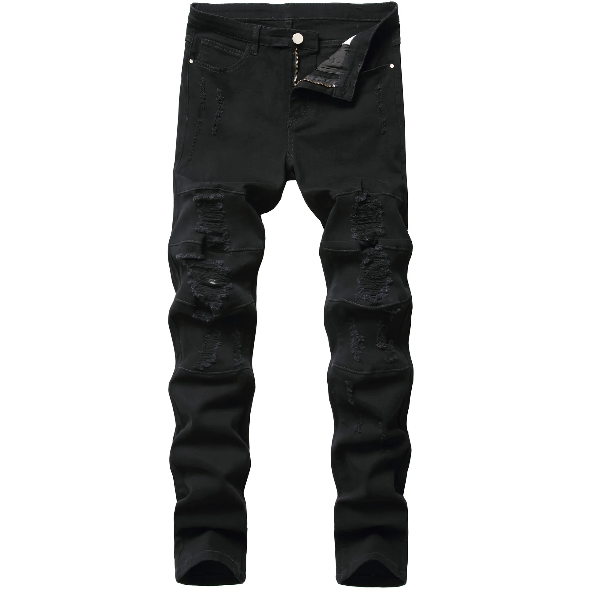 Mens Black Fashion Jeans Ripped Denim Pants Skinny Pencil Holes Broken Biker Plain Solid